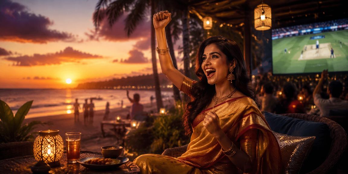 Relaxed Goa beach scene with mobile Aviator games and cricket betting