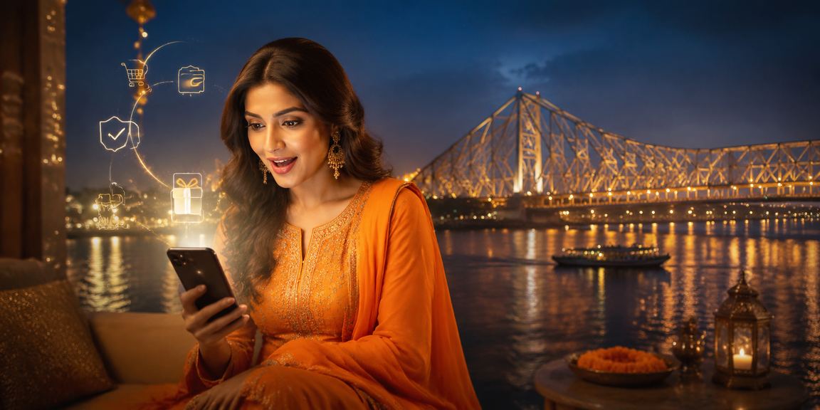 Kolkata cityscape with mobile payment usage and model